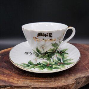 Norcrest Fine China Merry Christmas Cup Saucer Candles Greenery Japan